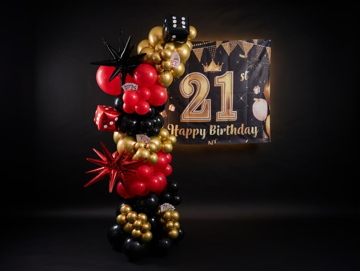 Casino theme balloon arch Cork - corporate event balloon styling with premium signage