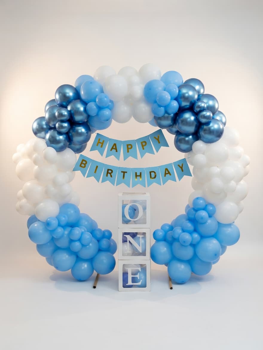 Circular balloon arch Cork - blue round frame organic balloon installation