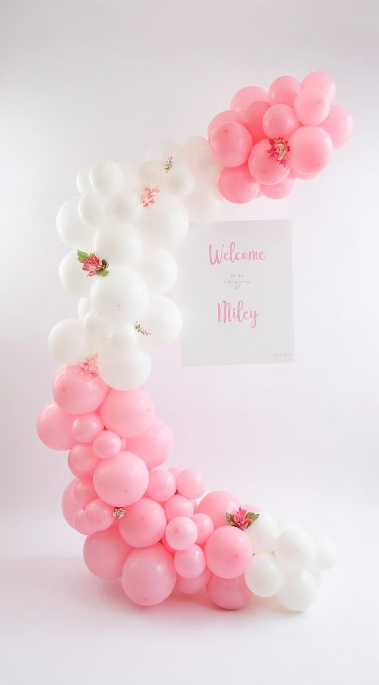 Baby christening balloon arch Cork - pink white pastel balloon decorations with sign