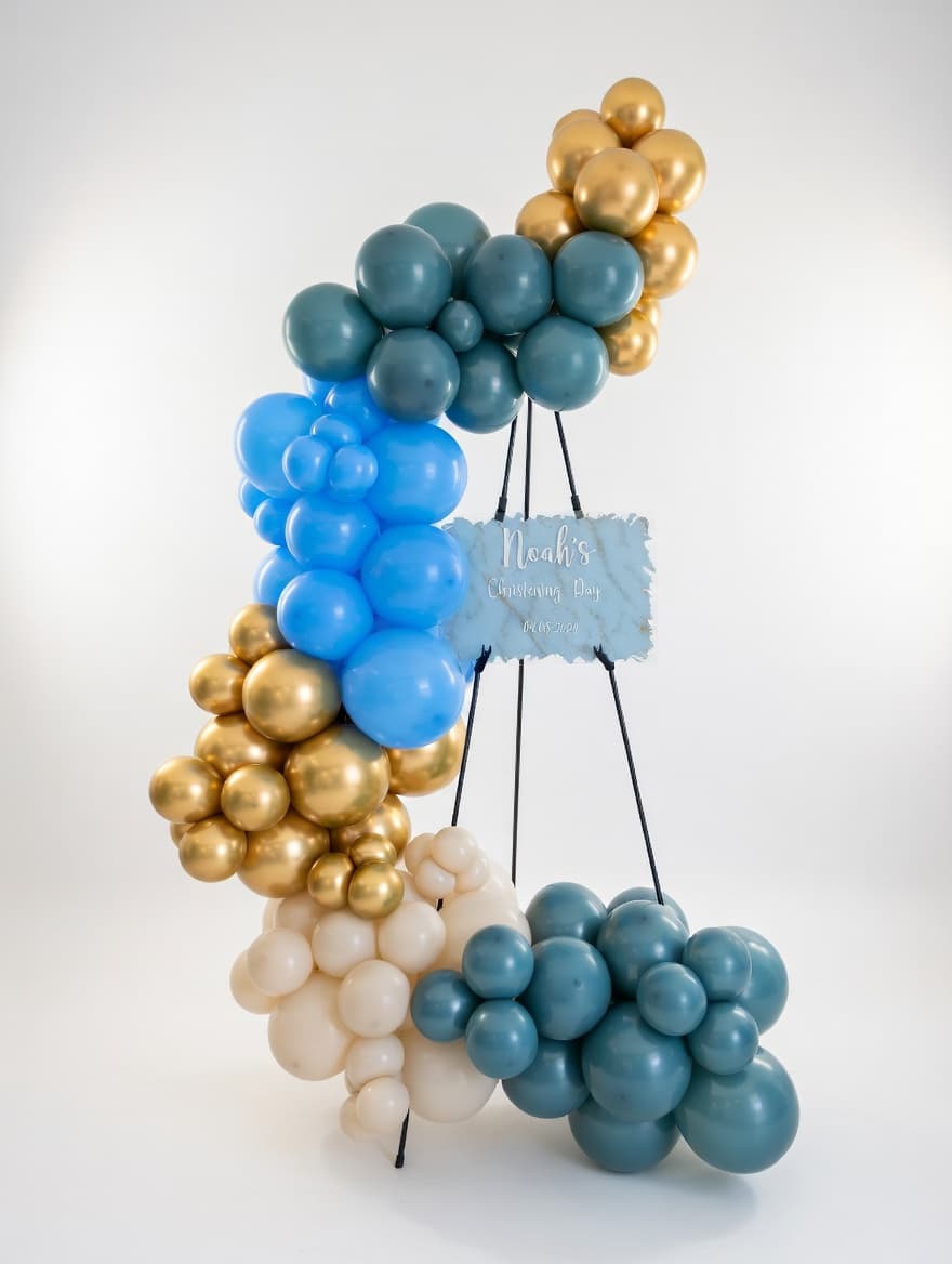 Christening balloon decorations Cork - elegant event styling with personalized sign