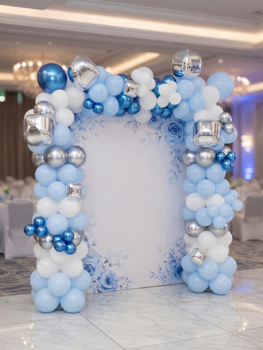 Elegant blue, white and silver wedding balloon arch in Cork