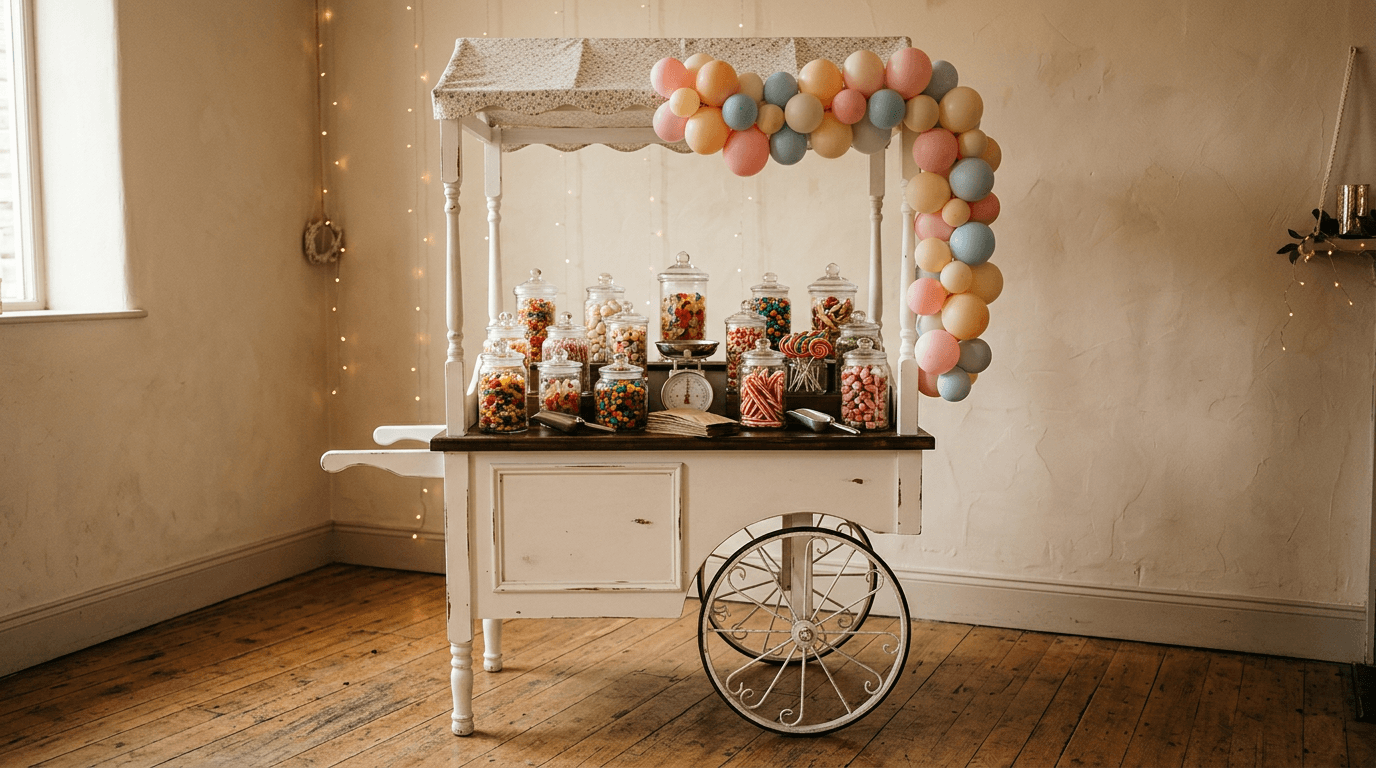 Candy cart and balloon packages Cork — vintage candy cart with sweets and balloon styling