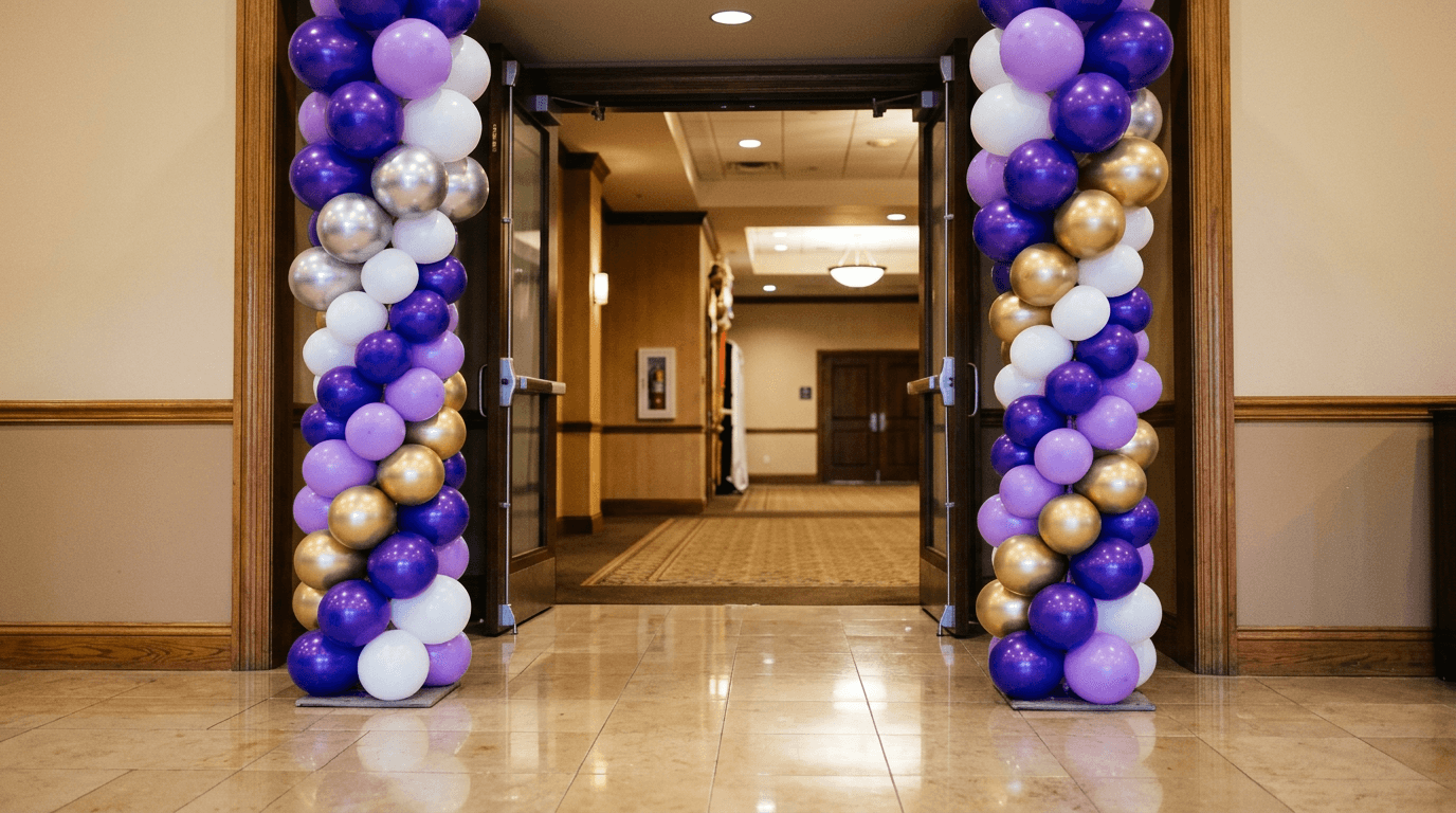 Balloon columns and stacks Cork — tall spiral columns at a venue entrance