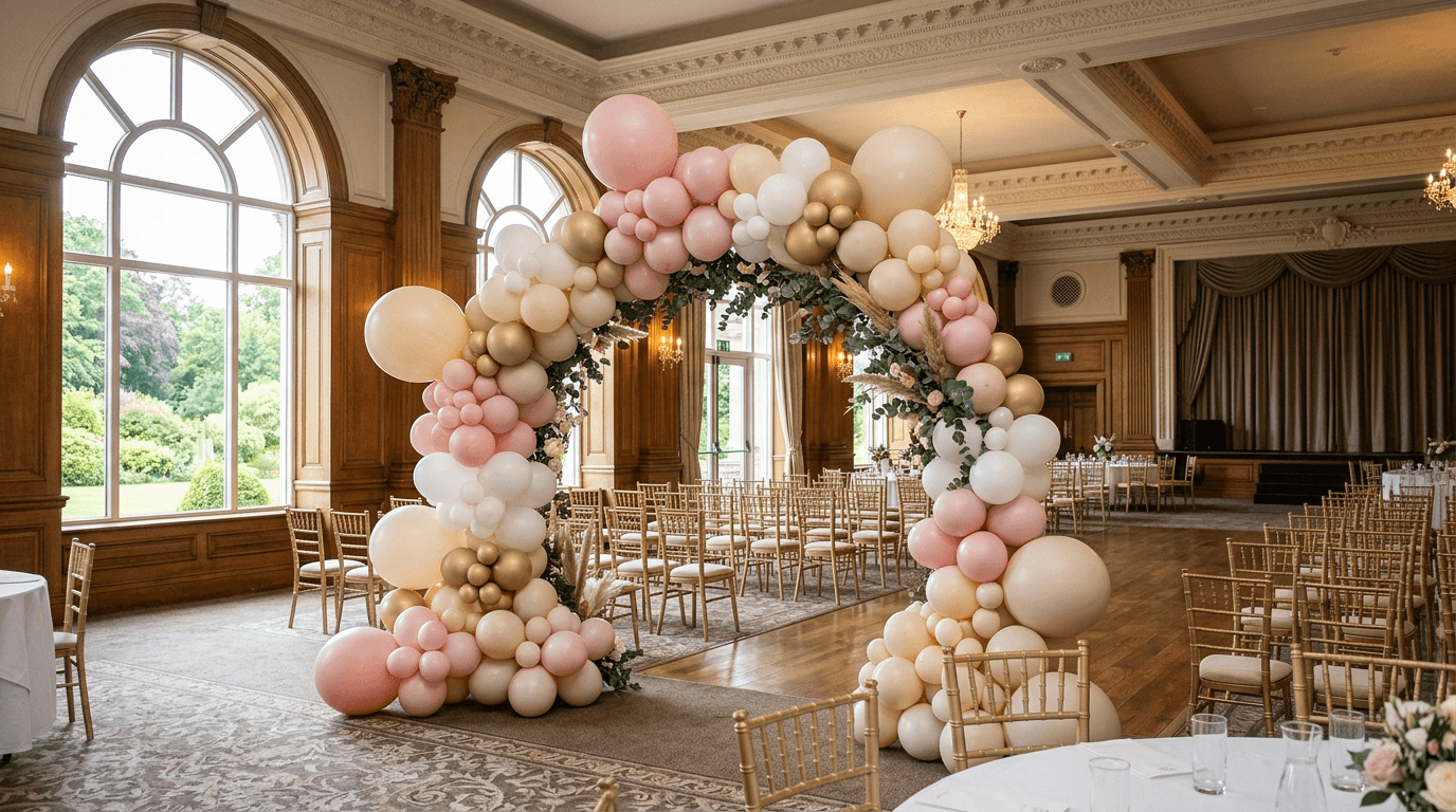 Balloon arch and garland at a Cork venue — Phoenix Delights pricing and packages
