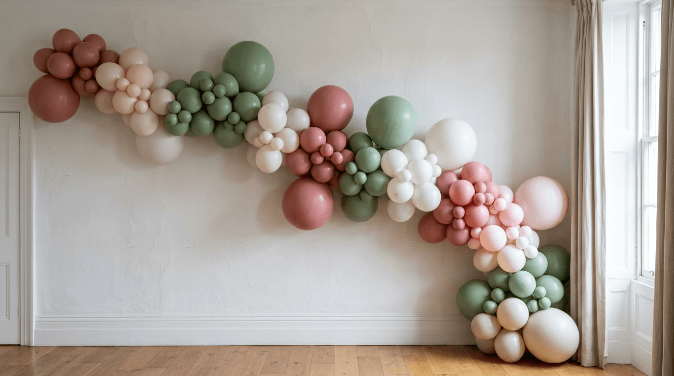 Organic balloon arches and garlands Cork — organic garland along a venue wall
